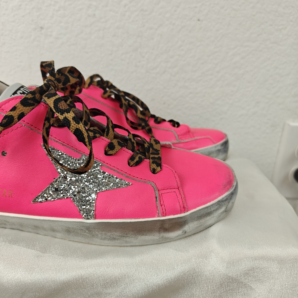 Golden Goose Super-Star Neon Pink Glitter Star Sneakers Sz 40 (9-9.5) Leopard - Picture 5 of 16